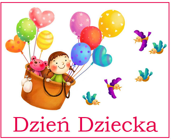 dzień dziecka - dziwczynka w wiklinowym koszu z kolorowymia balonami i ptaszkami dookoła