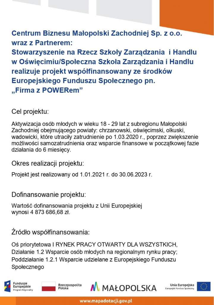 plakat projektu Firma z POWERem - kontakt www.cbmz.pl