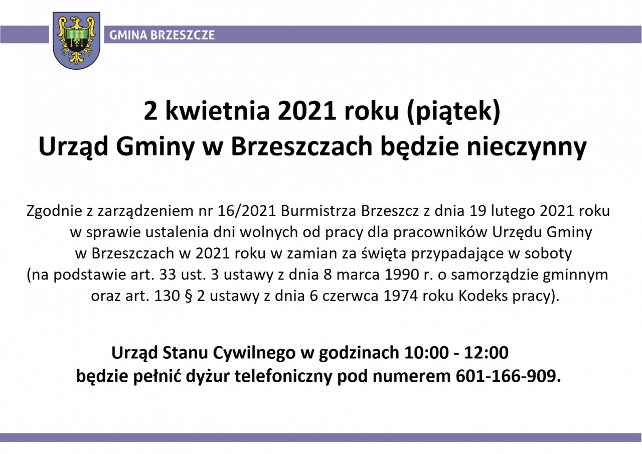 2 kwietnia 2021 roku UG w Brzeszczach będzie nieczynny