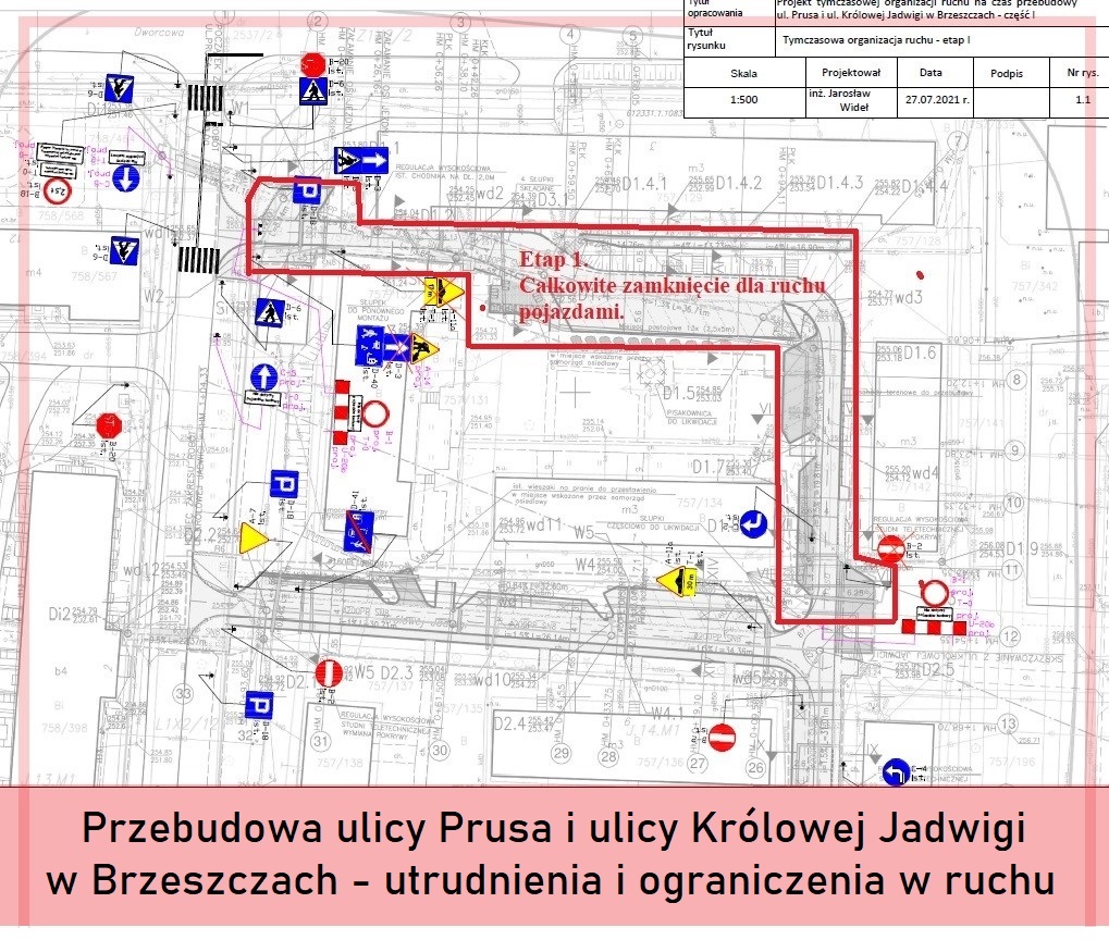 przebudowa ul. Prusa i ul. Królowej Jadwigi - zamknięty całkowicie odcinek drogi ul. ul. Prusa