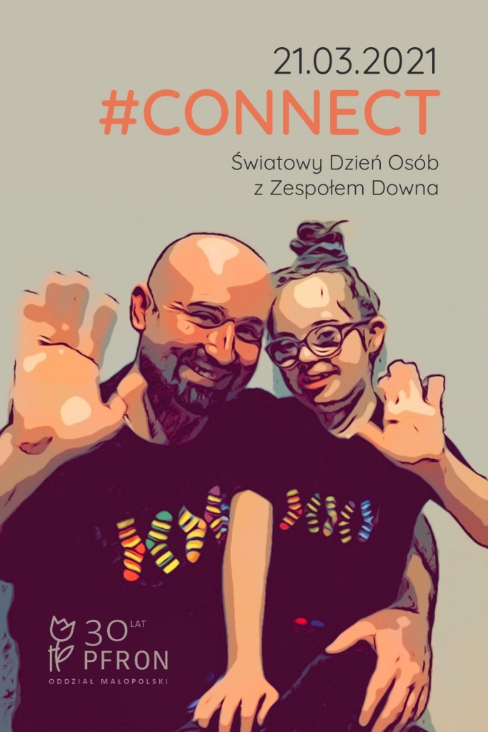 grafika akcji #CONNECT 21 marca 2021, dziewczynka z Zespołem Downa Ola Jarosz razem z tatą Krzsytofem muzykiem zepołu Lachersi