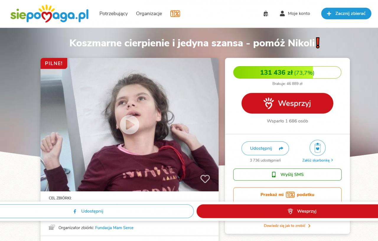 zbiórka dla Nikoli Kurpas- portal siepomaga.pl