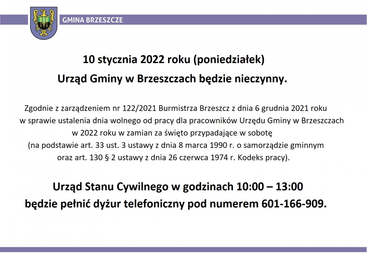 10 stycznia 2022 urząd gminy będzie nieczynny (zarządzenie 122/2021)