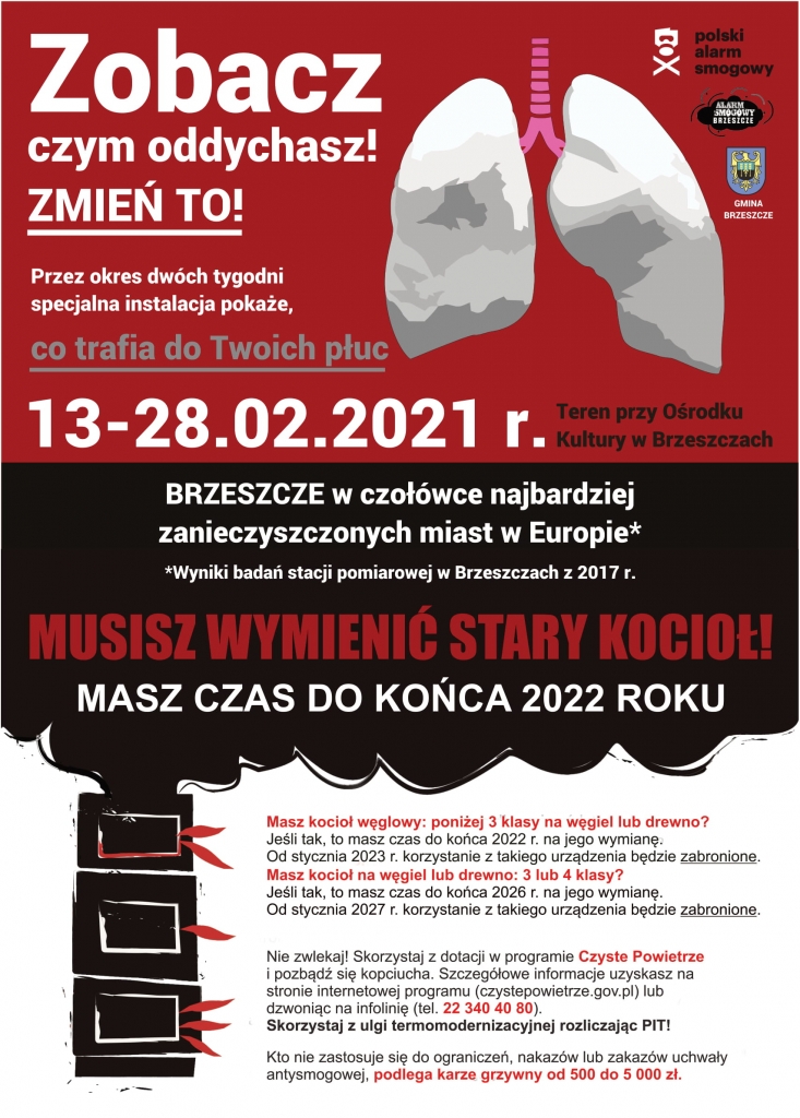 plakat płuca w Brzeszczach, termin akcji do 13 do 28 lutego 2021 roku, lokalizacja przy budynku Ośrodka Kultury