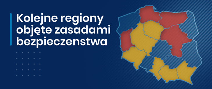 baner: kolejne regiony objęte zasadami bezpieczeństwa, mapa Polski z zaznaczonymi na czerwono 4 wojewóztwa z dodatkowymi zakazami